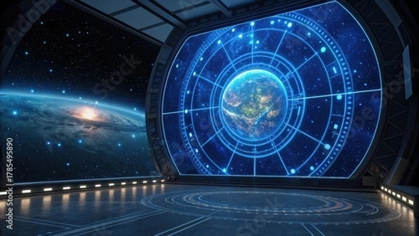Fototapeta A futuristic space observation room displays Earth with cosmic scenery and advanced technology, showcasing a blend of science and imagination.