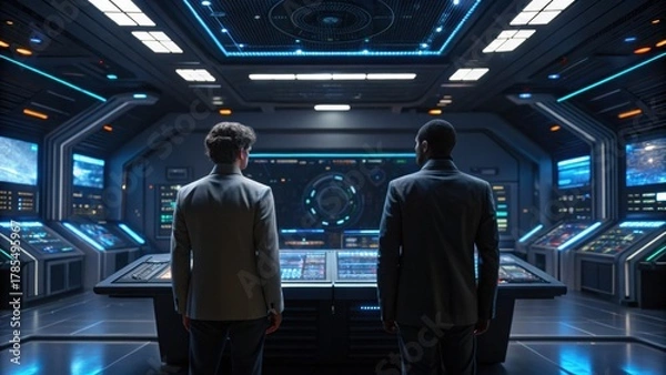 Obraz Two individuals stand in a futuristic control room, observing advanced technology and screens displaying complex data.