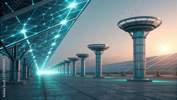 Fototapeta A futuristic solar power facility featuring sleek solar panels and illuminated columns, set against a sunset backdrop.