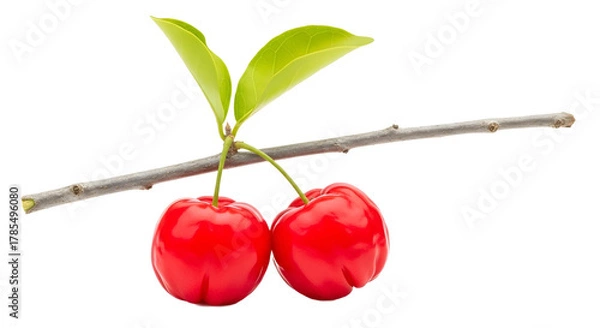 Fototapeta Two red cherries hanging from a branch with leaves on transparent background