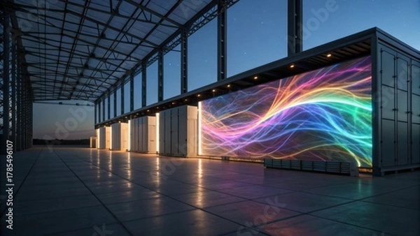 Obraz A modern structure featuring vibrant light patterns on a large screen, set against a night sky, showcasing technology and design.