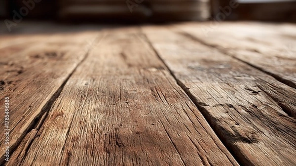Fototapeta Closeup of weathered, rustic wooden planks with a shallow depth of field, showing texture and grain, bathed in soft natural light