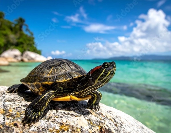 Fototapeta Close-up of a turtle basking on a rock near clear turquoise water
