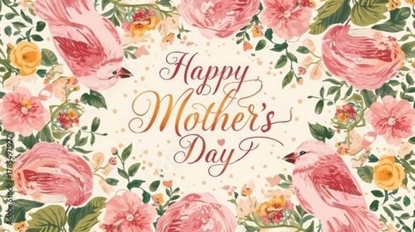 Fototapeta Vintage floral frame with happy mothers day text and pink roses