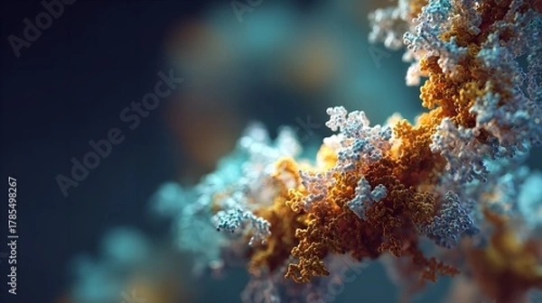 Fototapeta Abstract macro view of a complex molecular structure with intricate details and vibrant orange and blue colors, representing scientific research and biological processes