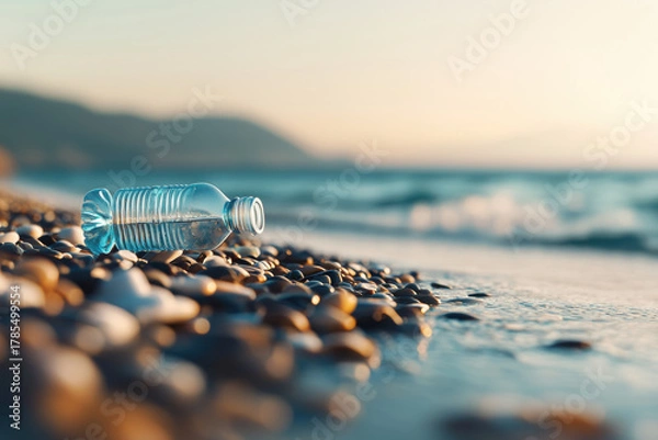 Obraz Concerning plastic bottle waste on pebble beach. sad symbol of ocean pollution and environmental damage at sunset