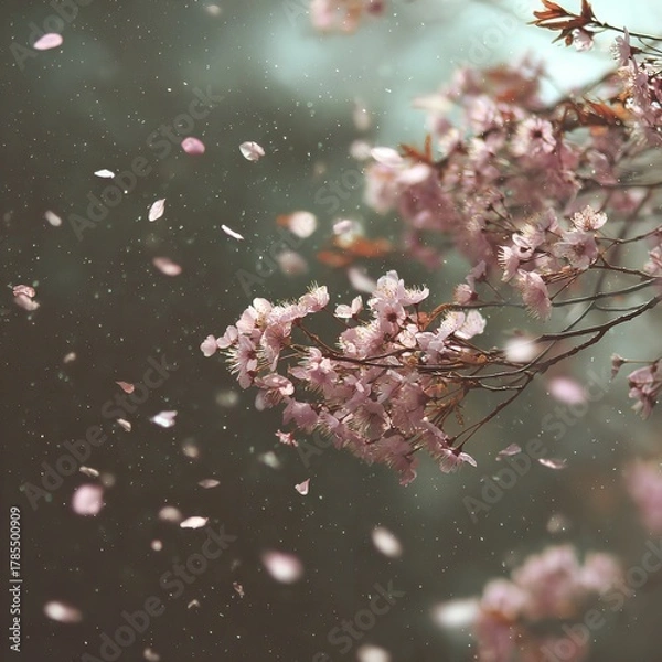 Fototapeta Delicate pink cherry blossoms gently falling petals in the soft, diffused light of a spring day, creating a serene and ethereal atmosphere