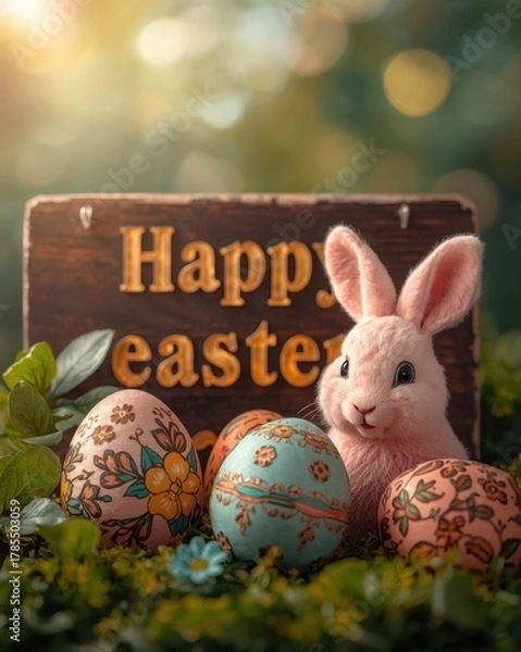 Fototapeta Cute pink easter bunny with decorated eggs and happy easter sign