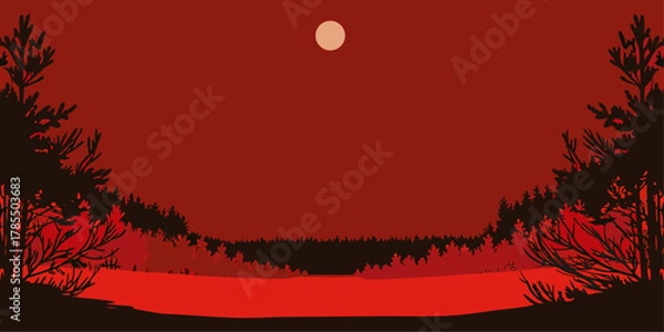 Fototapeta Silhouette of Pine Trees and Lake Under a Full Moon