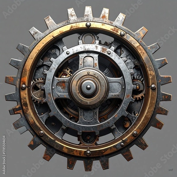 Fototapeta Close-up of intricate, layered mechanical gears with a rusty patina