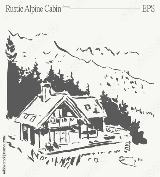 Obraz This is a beautiful rustic Alpine cabin sketch set in a serene mountain landscape