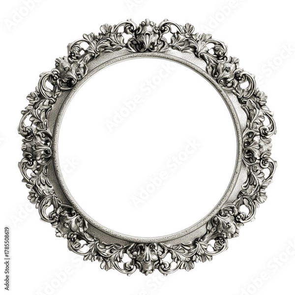 Fototapeta Ornate silver oval frame with baroque details isolated on a transparent background