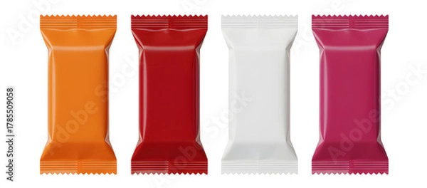 Obraz Colorful blank flow pack wrapper mockup for a chocolate bar, candy, or snack food. Isolated on transparent background