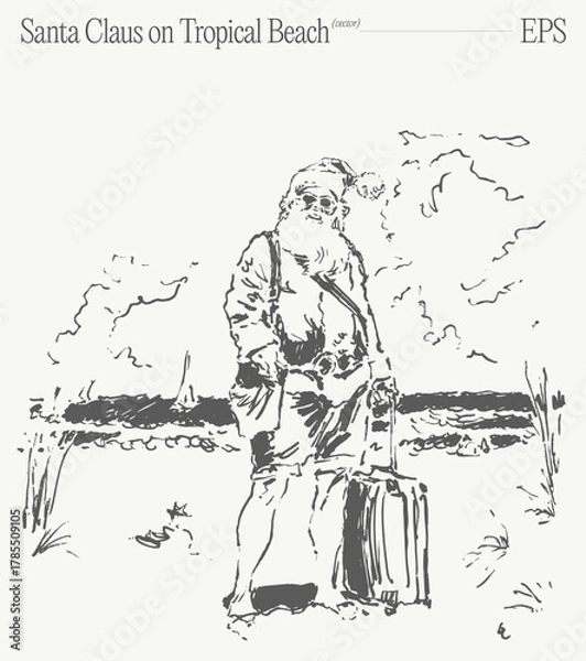 Obraz Santa Claus enjoying a vacation on a sunny tropical beach with his colorful luggage beside him