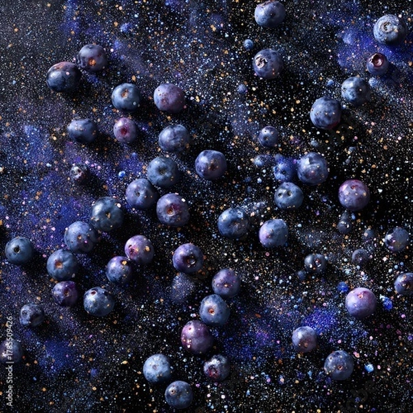 Fototapeta A mesmerizing closeup shot of fresh blueberries scattered across a dark, sparkling surface, creating a cosmic and ethereal effect