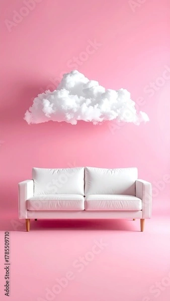 Obraz White couch under a fluffy cloud on a pink background