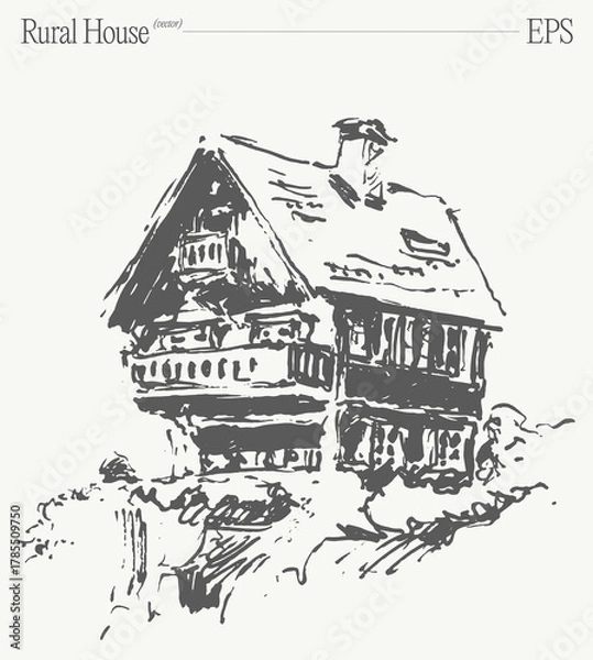 Obraz A charming and picturesque illustration of a rustic rural house rendered in a detailed sketch style