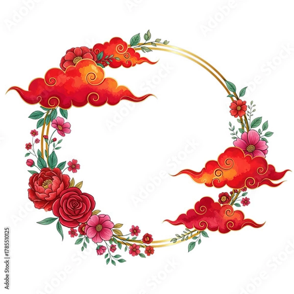 Fototapeta Elegant golden oval frame adorned with vibrant red roses and fiery orange clouds isolated on transparent background