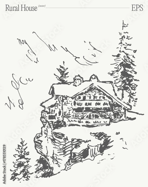 Obraz Charming and Inviting Rural House Sketch Featuring a Beautiful and Scenic Landscape View