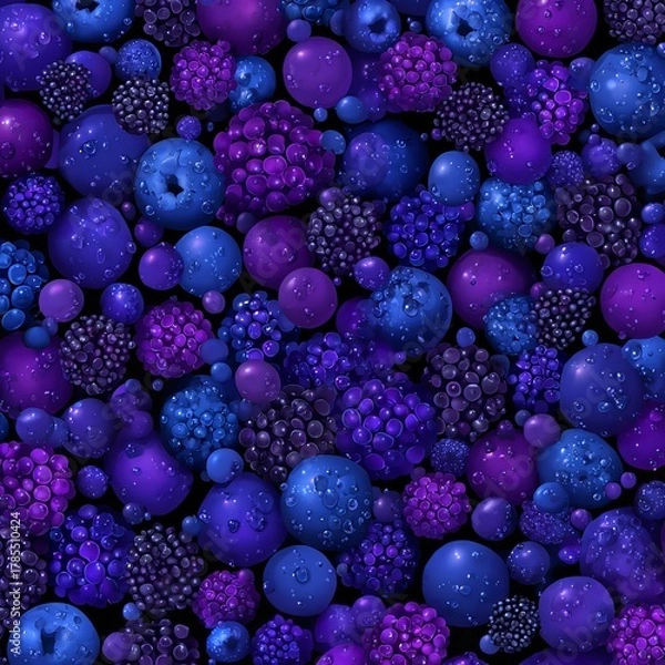 Fototapeta Dark blue and purple gradient background with dark berries and leaves pattern