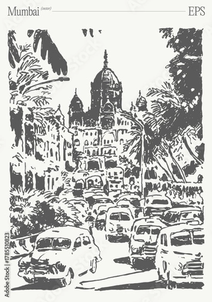 Obraz Iconic Mumbai Traffic Scene Captured Amidst Beautiful, Historical Architecture Influence
