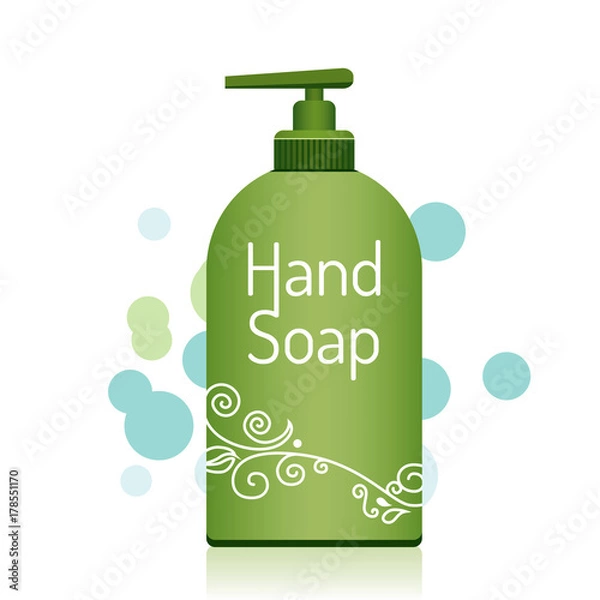 Fototapeta Bottle of liquid hand soap with dispenser. Disinfection, hygiene concept. Vector illustration. Flat style icon.