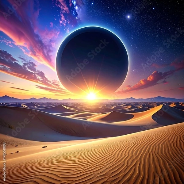 Fototapeta Desert landscape with an eclipse and starry night sky