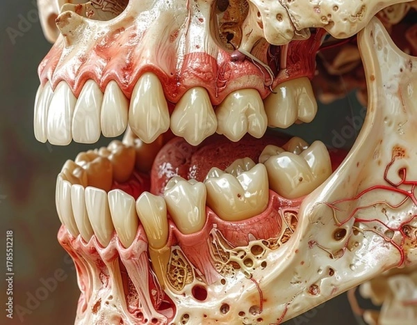 Fototapeta Detailed anatomical view of human skull, teeth, and soft tissues
