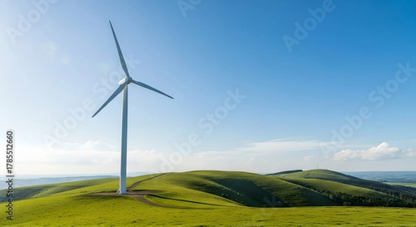 Fototapeta Renewable Wind Energy Turbine on Hilltop Against Blue Sky