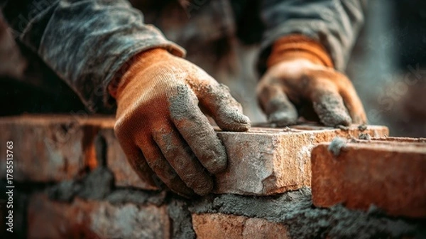 Fototapeta Beautiful photo of close-up Professional Masonry Worker Building Brick Wall with Protective Gloves. Ai Generated Images.