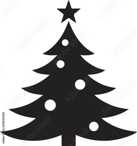 Fototapeta A black silhouette of a decorated christmas tree with a star on top and round ornaments, representing the holiday season, celebration, winter, and festive cheer on a white background