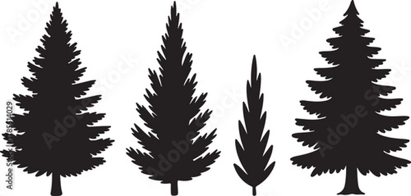 Fototapeta Set of four stylized black silhouettes of coniferous trees, varying in height and shape, presented against a stark white background, ideal for graphic design and naturethemed projects
