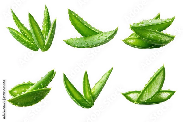 Fototapeta Six arrangements of fresh green aloe vera leaves with water droplets on black background plant leaf