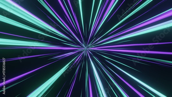 Fototapeta Futuristic teal and purple speed light burst rays.