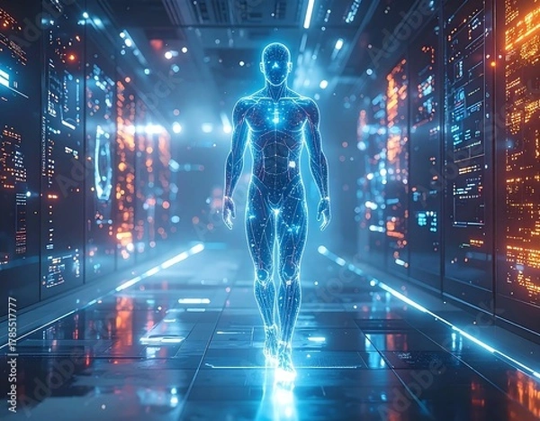 Fototapeta Digitized humanoid form strides through a futuristic tech corridor