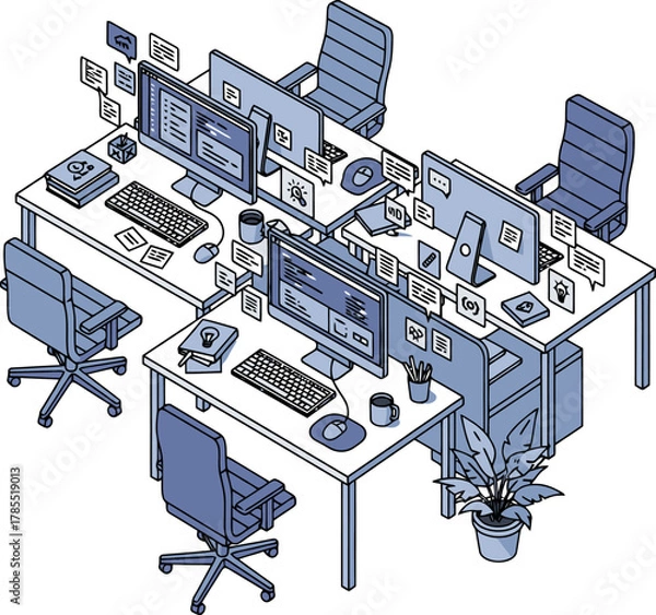 Fototapeta Isometric Office Space with Desks and Computers.