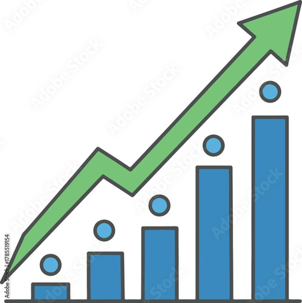 Fototapeta Growing bar chart with an upward trending arrow indicating business growth.