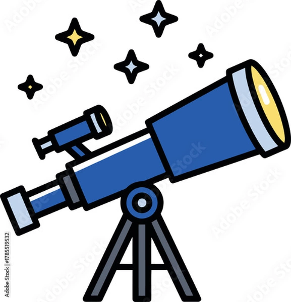 Fototapeta Detailed illustration of a blue telescope with a tripod and stars in the sky.