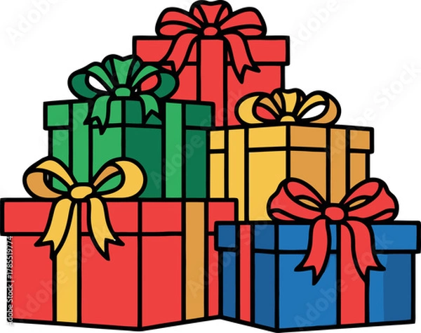 Fototapeta Colorful Stack of Wrapped Christmas Presents with Bows.