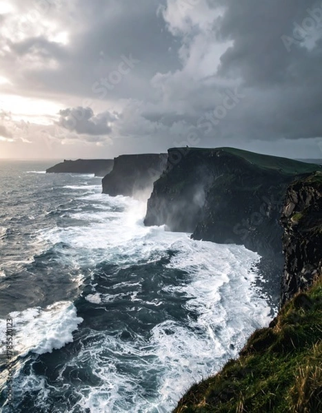 Fototapeta Dramatic coastal cliffs under a cloudy, stormy sky with crashing waves