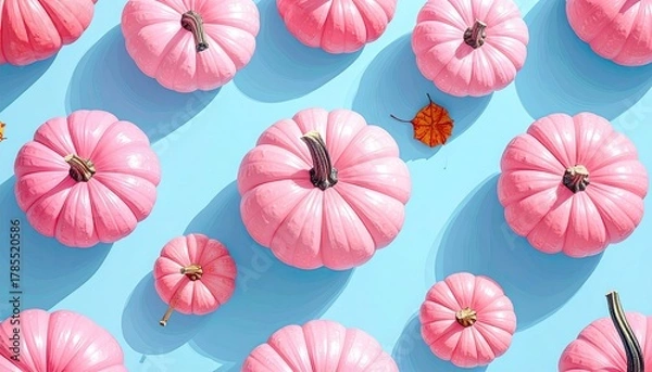 Obraz Pink pumpkins on pastel blue; a flat lay, with shadow