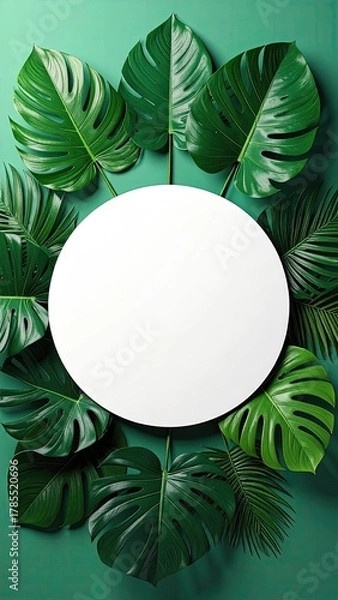 Obraz Tropical leaves frame a white circle on light green backdrop