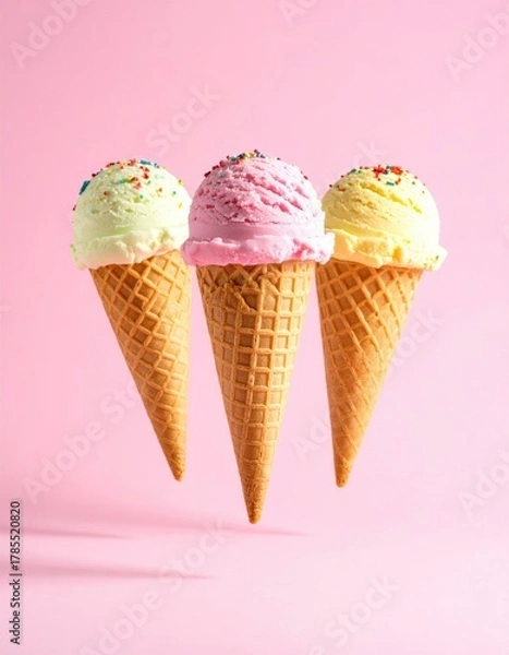 Obraz Three ice cream cones, different flavors, colorful sprinkles