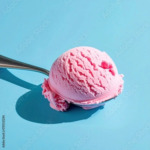 Obraz Pink ice cream scoop on blue background, casting shadow