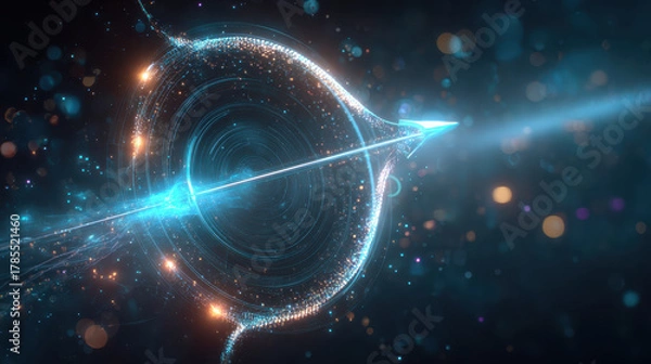 Fototapeta Glowing futuristic neon holographic bow and arrow interface with shimmering particles and radial energy rings conveying dynamic motion and focused precision