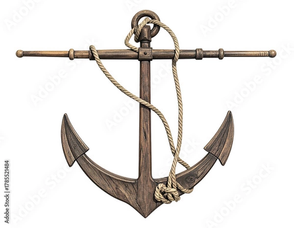 Obraz A detailed wooden anchor with a coiled rope, set against a stark black backdrop