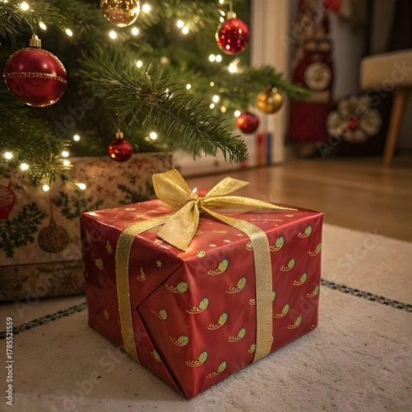 Fototapeta 
Title: “Festive Red and Gold Christmas Gift Under the Tree” 🎁✨