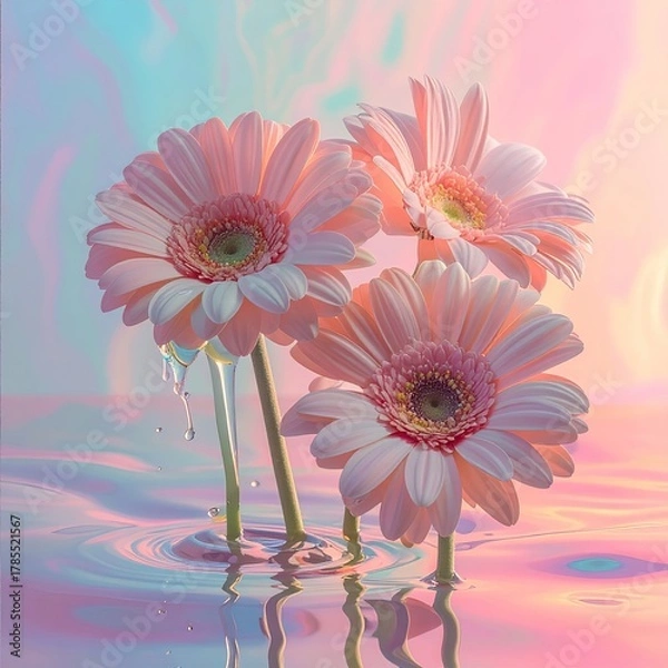 Obraz Pink gerberas in water with pastel, iridescent backdrop