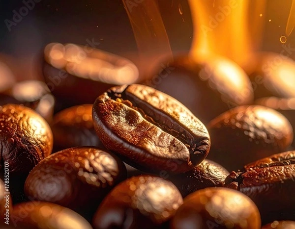 Obraz Roasted coffee beans, close-up, warm light and steam
