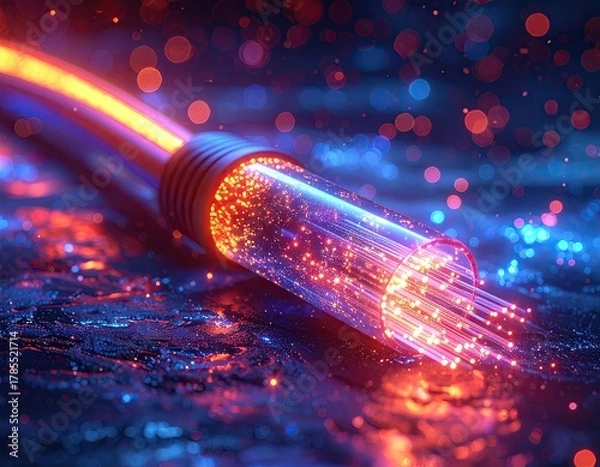 Obraz Glowing fiber optic cable on dark, textured surface